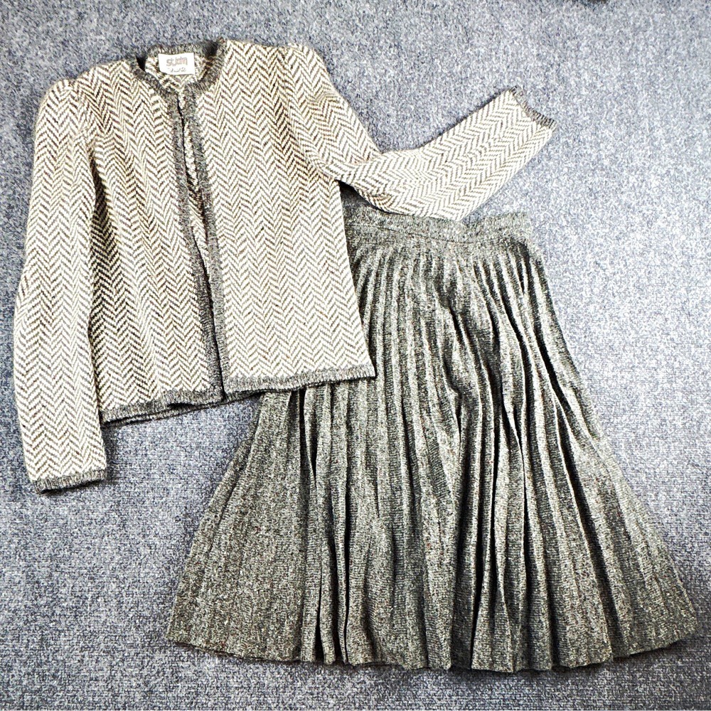 Rare Vintage St. John Marshall Field's Gray Herringbone Skirt Set Size S